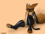 absurd_res anthro balls bottomwear brown_body brown_fur butt chastity_cage chastity_device clothing erection feet flat_chastity_cage fluffy fur genitals girly hi_res latex legwear male pawpads paws penis simple_background solo tail thigh_highs tuft xnix
