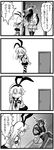  4koma anger_vein choufu_shimin comic door elbow_gloves flying_sweatdrops gloves greyscale headgear kantai_collection monochrome multiple_girls nagato_(kantai_collection) pillow shimakaze_(kantai_collection) simple_background striped striped_legwear thighhighs translated trembling 