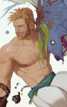  1boy abs artist_name bara beard behemoth_(final_fantasy) blonde_hair chest_hair coin earrings facial_hair final_fantasy final_fantasy_vi grin jewelry long_hair looking_ahead male_focus monster muscular muscular_male nipples paexie pants ponytail sabin_rene_figaro simple_background smile solo sweat topless_male white_background white_pants 