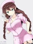  alternate_costume aqua_eyes braid breasts breath brown_hair cleavage garter_straps gin'ichi_(akacia) hand_on_hip hat highres kantai_collection large_breasts long_hair noshiro_(kantai_collection) nurse nurse_cap solo syringe twin_braids 