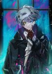  1boy absurdres atori_(atoriri_0) black_coat black_sclera blue_background blue_eyes coat colored_sclera gloves grey_hair hand_up heterochromia highres holding holding_knife knife looking_at_viewer male_focus mask mask_on_head mismatched_sclera paint_splatter red_gloves reverse:1999 short_hair smile solo upper_body window x_(reverse:1999) yellow_eyes 