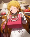  ahoge bag blonde_hair closed_eyes earrings grab_bag idolmaster idolmaster_million_live! jewelry long_hair multiple_girls official_art paper_bag shinomiya_karen shopping smelling smile solo_focus tokoro_megumi 