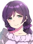  1girl blush collarbone commentary_request duke_(inu_daimyou) green_eyes hair_ornament hair_scrunchie long_hair looking_at_viewer love_live! love_live!_school_idol_project low_twintails purple_hair purple_scrunchie scrunchie smile solo toujou_nozomi twintails upper_body white_background 