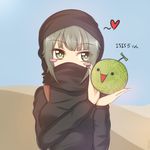  blush_stickers character_name dark_skin eyes food fruit green_hair heart hijab holster isis-chan isis_(terrorist_group) melon mikhail_n muslim niqab original short_hair solo 