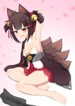  1girl akagi-chan_(azur_lane) animal_ears arm_behind_head arm_support arm_up armpits azur_lane barefoot bell black_kimono black_thighhighs blush breasts brown_eyes brown_hair brown_tail cherry_blossoms detached_collar dot_nose fang flat_chest fox_ears fox_girl fox_tail full_body gradient_background hair_bell hair_ornament hair_ribbon highres japanese_clothes kimono looking_at_viewer mesugaki multiple_tails mutsuki_shougatsu off_shoulder presenting_armpit ribbon ribbon-trimmed_kimono sideboob sitting smile solo tail thighhighs toes twintails unworn_legwear yokozuwari zettai_ryouiki 