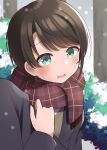  1girl 1other black_jacket blue_eyes blush brown_hair highres holding_another&#039;s_arm hololive jacket looking_at_viewer nero_(starlightbrakerexfb) oozora_subaru open_mouth red_scarf scarf short_hair snow snowing virtual_youtuber 