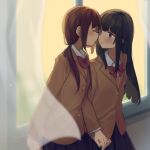  2girls black_skirt blurry blurry_foreground bow bowtie brown_hair brown_jacket buttons closed_eyes closed_mouth collared_shirt cowboy_shot curtains holding_hands imminent_kiss inuko_(ink0425) jacket light_particles long_hair long_sleeves multiple_girls original parted_lips pleated_skirt purple_eyes red_bow red_bowtie school_uniform shirt sidelocks skirt striped_bow striped_bowtie striped_clothes twintails window yellow_background yuri 