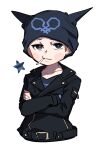  1boy animal_ear_headwear animal_ears beanie belt belt_buckle black_belt black_eyes black_headwear black_jacket black_shirt black_sleeves blue_shirt blush_stickers brown_hair buckle buttons cat_ears cigarette closed_mouth collarbone collared_jacket commentary_request crossed_arms danganronpa_(series) danganronpa_v3:_killing_harmony fake_animal_ears fingernails frown hat holding holding_cigarette hoshi_ryoma jacket kogarashi_8 layered_sleeves leather leather_jacket long_sleeves male_focus mouth_hold partial_commentary pocket prison_clothes shirt short_hair simple_background solo star_(symbol) striped_clothes striped_shirt two-tone_shirt upper_body very_short_hair white_background zipper zipper_pull_tab 