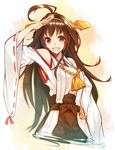  ahoge brown_eyes brown_hair double_bun hand_on_hip headgear highres kantai_collection kongou_(kantai_collection) long_hair looking_at_viewer nontraditional_miko open_mouth orange_background pleated_skirt ribbon-trimmed_sleeves ribbon_trim salute shirousagi_uyu sketch skirt smile solo upper_body very_long_hair 