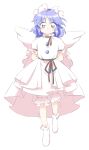  1girl arms_behind_back bloomers blue_eyes blue_hair bow closed_mouth dress full_body hair_bow highres light_blue_hair looking_at_viewer mai_(touhou) nonamejd official_style puffy_short_sleeves puffy_sleeves short_hair short_sleeves simple_background smile socks solo touhou touhou_(pc-98) white_background white_bloomers white_bow white_dress white_socks white_wings wings zun_(style) 