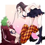  1boy 1girl bartolomeo bent_over black_dress black_hair blush boots breasts chains cleavage dress facial_mark fur_trim green_hair leaning_back nico_robin nose_ring one_piece piercing ponytail sitting standing tattoo yucchan_wakayuri 