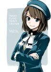  beret blue_eyes breasts brown_hair character_name cosplay english hat jikasei kantai_collection large_breasts looking_at_viewer maya_(kantai_collection) military military_uniform short_hair smile solo takao_(kantai_collection) takao_(kantai_collection)_(cosplay) twitter_username uniform 