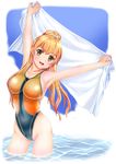  arms_up blonde_hair competition_swimsuit green_eyes long_hair mashinatsu one-piece_swimsuit original ponytail solo standing swimsuit towel wading water 