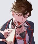  1boy @_43517 alternate_form apple_juice belial_(granblue_fantasy) bishounen black_choker brown_hair choker drink drinking_straw granblue_fantasy hair_ornament hairclip holding holding_drink jacket juice korean_commentary looking_to_the_side male_focus messy_hair necktie official_alternate_costume open_clothes open_jacket popped_collar portrait red_eyes red_tie school_uniform short_hair sketch solo_focus teeth tongue tongue_out upper_teeth_only white_background 