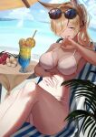  1girl \||/ animal animal_ear_fluff animal_ears aqua_halo beach_umbrella bikini blonde_hair blue_archive blue_eyes breasts dog_ears extra_ears halo hand_on_own_stomach highres kanna_(blue_archive) large_breasts long_hair ocean sharp_teeth sitting sunglasses swimsuit teeth tropical_drink umbrella white_bikini yanoyoru 