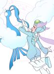  1girl altaria blush breasts closed_eyes commission from_behind gloves helmet highres looking_at_viewer musical_note pokemon pokemon_(creature) pokemon_oras purple_eyes purple_hair sideboob signature simple_background vergolophus white_gloves winona_(pokemon) 