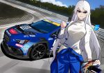  1girl absurdres azur_lane bbs_(wheel) breasts car clenched_hand cowboy_shot enterprise_(azur_lane) falken_tire grin helmet highres holding holding_helmet holeecrab jumpsuit jumpsuit_around_waist large_breasts long_hair long_sleeves looking_at_viewer motor_vehicle motul_(company) outdoors purple_eyes race_vehicle racecar racetrack racing_suit sky smile solo spoiler_(automobile) sponsor subaru_wrx sweater tree white_hair white_sweater 