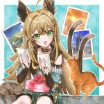  1girl :d ahoge animal_ears black_choker blonde_hair box cat cat_ears cat_tail choker commentary_request detached_sleeves genshin_impact gift gift_box green_eyes highres holding holding_photo karanashi_mari kirara_(genshin_impact) long_hair long_sleeves multiple_tails open_mouth photo_(object) sitting smile solo tail two_tails very_long_hair 