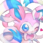 animal_focus blue_eyes blush bow bowtie butter_(oshi8kyoumoh) commentary_request ear_bow heart heart_in_eye highres no_humans one_eye_closed open_mouth partial_commentary pink_bow pink_bowtie pokemon pokemon_(creature) ribbon simple_background solo sylveon symbol_in_eye traditional_bowtie white_background white_ribbon 