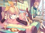  1girl alternate_costume aqua_eyes blonde_hair bow coffee_table couch detached_sleeves drink food fork glass hair_bow hair_ornament hairband hairpin heart indoors kagamine_len kagamine_rin looking_at_another lying older ovos picture_(object) pillow plate short_hair short_ponytail siblings sitting slippers suspenders table thighhighs tongue tongue_out twins vocaloid window 