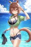  1girl :3 agnes_tachyon_(lunatic_lab)_(umamusume) agnes_tachyon_(umamusume) ahoge animal_ears beach belt bikini black_bikini black_footwear blue_sky breasts brown_belt brown_hair cleavage closed_mouth cloud cloudy_sky commentary_request cowboy_shot criss-cross_halter denim denim_shorts ear_ornament gloves green_jacket grin hair_between_eyes halterneck hand_on_own_chin highres holding_sandals horse_ears horse_girl horse_tail jacket looking_at_viewer medium_breasts medium_hair motsushi navel ocean official_alternate_costume open_clothes open_fly open_shorts outdoors red_eyes shorts single_glove sky sleeves_rolled_up smile solo swimsuit tail tied_jacket umamusume water wristband 