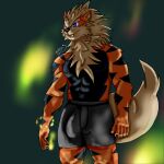 abs absurd_res anthro arcanine balls blue_eyes bottomwear bulge canid canine clothed clothing digital_media_(artwork) fingers fire fluffy fluffy_tail fur generation_1_pokemon genitals hair hi_res k9point5 male mammal mane mane_hair muscular muscular_anthro muscular_male nintendo nipples pecs penis pokemon pokemon_(species) simple_background smile solo tail topless topless_anthro topless_male