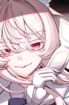  1girl absurdres akira_(blue_archive) animal_ears blue_archive cat_ears close-up colored_eyelashes dress gloves highres holding long_hair long_sleeves looking_at_viewer monolistic_y open_mouth portrait red_eyes smile solo white_dress white_gloves white_hair 