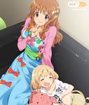  =_= bike_shorts blonde_hair blush brown_eyes brown_hair clothes_writing commentary_request couch dress drooling finger_to_mouth futaba_anzu hair_ornament hand_under_clothes hand_under_shirt idolmaster idolmaster_cinderella_girls jewelry lifted_by_self long_hair low_twintails lying midriff mizuki_makoto moroboshi_kirari multiple_girls navel open_mouth shirt shirt_lift smile star star_hair_ornament striped striped_bike_shorts stuffed_animal stuffed_bunny stuffed_toy t-shirt twintails wavy_mouth you_work_you_lose 