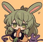  1girl animal_ears blush carrot collar collared_shirt eating food frilled_shirt frilled_shirt_collar frilled_sleeves frills green_collar green_eyes green_fur green_hair hair_between_eyes holding holding_carrot holding_food komeiji_koishi long_hair long_sleeves rabbit_ears rabbit_girl shirt simple_background sleeves_past_wrists third_eye touhou yellow_background yellow_shirt zunusama 