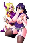  2girls anal_beads artificial_vagina bad_source belt black_hair black_thighhighs blonde_hair blue_eyes bodysuit boku_no_hero_academia breasts cuffs domino_mask garter_belt gloves hair_between_eyes horns large_breasts leotard long_hair looking_at_viewer lotion_bottle mask metal_belt midnight_(boku_no_hero_academia) mokkouyou_bond mole mole_under_eye mount_lady multicolored_bodysuit multicolored_clothes multiple_girls nipples open_mouth red_eyes sex_toy smile superhero thighhighs 