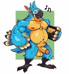 4_toes absurd_res accordion anisodactyl anthro avian avian_feet balls beak big_pecs bird blue_body blue_feathers bodily_fluids breath_of_the_wild dripping erection feather_hands feathers feet genital_fluids genitals hi_res humanoid_genitalia humanoid_penis kass_(tloz) looking_at_viewer male musclegut muscular muscular_anthro muscular_male musical_instrument musical_note nintendo overweight overweight_anthro overweight_male pecs penis posstype precum precum_drip rito solo tail tail_feathers the_legend_of_zelda toes