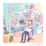  1girl absurdres animal_ear_headphones animal_ears black_thighhighs blue_archive book border bow calendar_(object) cat_ear_headphones chair closed_mouth coat computer desk fake_animal_ears figure gaming_chair gun haikeibu hair_bow headphones highres indoors laptop long_sleeves momoi_(blue_archive) no_shoes orange_hair peroro_(blue_archive) pink_eyes poster_(object) red_bow signature sitting skirt star_(symbol) stuffed_animal stuffed_penguin stuffed_rabbit stuffed_toy swivel_chair thighhighs weapon white_border white_coat 