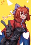  absurdres black_bodysuit bodysuit bow cape cloak english_text finger_gun hair_bow heart highres open_mouth red_cape red_cloak red_eyes red_hair ribbon-trimmed_bow rock_&#039;n&#039;_rock_&#039;n&#039;_beat sekibanki touhou two-sided_cape two-sided_fabric two-tone_cape vanilla_flan zipper 