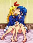  aikatsu! aikatsu!_(series) bare_legs barefoot blazer blonde_hair blue_hair blush french_kiss hair_ribbon holding_hands hoshimiya_ichigo jacket kiriya_aoi kiss long_hair mitamura-kun_(landcell) multiple_girls on_bed panties pantyshot ribbon school_uniform scrunchie side_ponytail skirt starlight_academy_uniform underwear yuri 