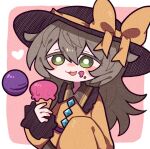  1girl black_headwear border eating food food_on_face green_eyes green_hair heart ice_cream ice_cream_cone ice_cream_on_face jacket komeiji_koishi pink_background smile solo touhou white_border yellow_jacket zunusama 