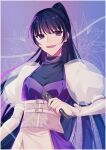  1girl black_hair border breasts cleavage cloud_nine_inc corset dress flower gedo_(gggg00038) highres holding holding_microphone juliet_sleeves lily_(flower) long_hair long_sleeves microphone open_mouth ponytail puffy_sleeves purple_background purple_dress purple_eyes see-through see-through_cleavage see-through_sleeves solo turtleneck utaite white_border white_corset yoshino_(utaite) 