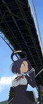  blue_sky bridge cloud day glaive gloves imai_tetsuya kantai_collection machinery mechanical_halo short_hair sky solo tatsuta_(kantai_collection) 