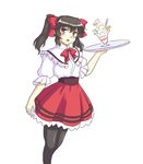  alternate_costume black_hair black_legwear bow capelet food hair_bow himekaidou_hatate ice_cream isaki_(gomi) looking_at_viewer open_mouth pantyhose parfait pocky puffy_short_sleeves puffy_sleeves purple_eyes shirt short_sleeves skirt solo sundae touhou tray twintails waitress 