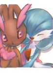  2girls :&lt; ^_^ aliasing alternate_color animal_ears animal_nose blue_hair blue_skin blush bob_cut body_fur brown_fur butter_(oshi8kyoumoh) chromatic_aberration closed_eyes closed_mouth colored_skin commentary_request drop_shadow flat_chest furry furry_female gardevoir hair_between_eyes hand_to_own_mouth hand_up happy highres looking_at_another lopunny multicolored_skin multiple_girls open_mouth partial_commentary pink_eyes pink_fur pointy_ears pokemon pokemon_(creature) rabbit_ears rabbit_girl resized shiny_pokemon short_hair simple_background smile two-tone_fur two-tone_skin upper_body upscaled white_background white_skin 