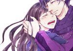  1girl chase_(kamen_rider_drive) hug kamen_rider kamen_rider_drive_(series) long_hair purple_eyes purple_hair shijima_kiriko short_hair shuri_(superboys01) tears 