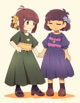  2girls adapted_costume alternate_hairstyle antenna_hair artist_name black_pantyhose black_socks blue_flower brown_eyes brown_footwear brown_hair chara_(undertale) closed_eyes closed_mouth collarbone colored_skin dress english_commentary flower frills frisk_(undertale) full_body genderswap genderswap_(otf) green_dress hair_flower hair_ornament hand_on_own_hip heart heart_necklace holding holding_hands jewelry lari-lab leaf leaf_hair_ornament looking_at_another multiple_girls necklace pantyhose ponytail puffy_short_sleeves puffy_sleeves purple_dress shadow shoes short_hair short_ponytail short_sleeves sidelocks simple_background single_stripe smile socks standing star_(symbol) star_necklace striped_clothes striped_dress undertale white_background yellow_flower yellow_skin 
