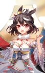 1girl absurdres ahoge animal_ears bare_shoulders black_hair breasts cleavage commentary_request detached_sleeves ear_ornament highres horse_ears horse_girl kitasan_black_(jubilant_star_auspicious_crane)_(umamusume) kitasan_black_(umamusume) large_breasts looking_at_viewer multicolored_hair nikotomiko025 official_alternate_costume red_eyes simple_background solo streaked_hair umamusume upper_body white_background white_hair wide_sleeves 