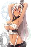  alternate_hair_length alternate_hairstyle armpits arms_up bdsm between_breasts blonde_hair bloodhound blush bondage bound bound_wrists breasts budget_sarashi chain chained_wrists dark_skin dress emblem gears grey_hair hair_down hairband highres kantai_collection large_breasts long_hair looking_at_viewer musashi_(kantai_collection) navel no_eyewear parted_lips red_eyes sarashi silver_hair solo sweatdrop tan underboob 