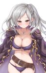  1girl arms_under_breasts belt bikini blush breasts brown_belt brown_eyes brown_gloves cleavage closed_mouth coat coat_on_shoulders cowboy_shot crossed_arms fire_emblem fire_emblem_awakening fire_emblem_heroes gloves grey_hair highres jewelry large_breasts long_hair necklace o-ring o-ring_bikini official_alternate_costume okazu2010015 purple_bikini robin_(female)_(fire_emblem) robin_(female)_(summer)_(fire_emblem) robin_(fire_emblem) solo swimsuit twintails white_background 