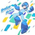  1boy android arm_cannon blue_bodysuit blue_eyes blue_footwear blue_headwear bodysuit boots capcom character_name clenched_hand english_text full_body helmet humanoid_robot looking_at_viewer mega_man_(character) mega_man_(series) robot signature simple_background smile sunafuki_tabito weapon 
