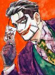  1boy :d absurdres black_eyes black_eyeshadow black_gloves black_hair card chicos collared_shirt cosplay dc_comics dutch_angle eyeshadow facial_hair faux_traditional_media gloves goatee golden_kamuy green_necktie green_vest grin hair_slicked_back hand_up highres holding holding_card jacket joker_(dc) joker_(dc)_(cosplay) joker_(playing_card) layered_clothes lipstick looking_at_viewer makeup male_focus necktie ogata_hyakunosuke open_clothes open_jacket open_mouth orange_background playing_card purple_jacket red_lips shirt short_hair simple_background smile solo teeth undercut upper_body vest white_shirt 