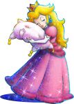  1girl artist_request blonde_hair closed_eyes closed_mouth collared_dress crown dress earrings elbow_gloves full_body gloves gold_headwear highres holding holding_pillow jewelry lace-trimmed_collar lace_trim leaning_on_object lipstick long_dress long_eyelashes long_hair makeup mario_&amp;_luigi:_dream_team mario_&amp;_luigi_rpg mario_(series) mini_crown official_art pillow pink_dress pink_lips pink_sleeves princess_peach puffy_short_sleeves puffy_sleeves shadow short_sleeves smile solo sparkle sphere_earrings transparent_background white_gloves 