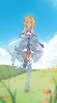  1girl :d bare_shoulders blonde_hair blue_sky breasts cleavage cloud commentary_request day detached_sleeves dress flower genshin_impact highres long_hair long_sleeves looking_at_viewer lumine_(genshin_impact) open_mouth orange_flower sky sleeveless sleeveless_dress smile solo thighhighs white_dress white_flower white_thighhighs yaner_10 yellow_eyes 