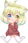  1girl ahoge animal_ear_fluff animal_ears blonde_hair blue_eyes blush cat_ears commentary deformed deviantart_logo english_commentary eyelashes fang gift_art hand_on_own_cheek hand_on_own_face heterochromia hood hood_down hoodie long_sleeves looking_at_viewer marking_on_cheek no_shoes nyahallo open_mouth original oversized_clothes pink_hood puffy_long_sleeves puffy_sleeves red_hoodie red_sleeves short_hair sitting skin_fang sleeves_past_wrists smile solo star_(symbol) star_on_cheek thighhighs transparent_background wariza white_thighhighs yellow_eyes 