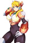  1girl absurdres alia_(mega_man) android armor black_bodysuit blonde_hair blue_eyes bodysuit breasts cleavage closed_mouth commentary_request covered_navel cowboy_shot gloves hair_over_shoulder hand_on_own_hip hand_up headset highres kotatuman_dash large_breasts long_hair looking_at_viewer mega_man_(series) mega_man_x_(series) pink_armor robot_ears see-through see-through_cleavage sidelocks simple_background smile solo standing white_background white_gloves 